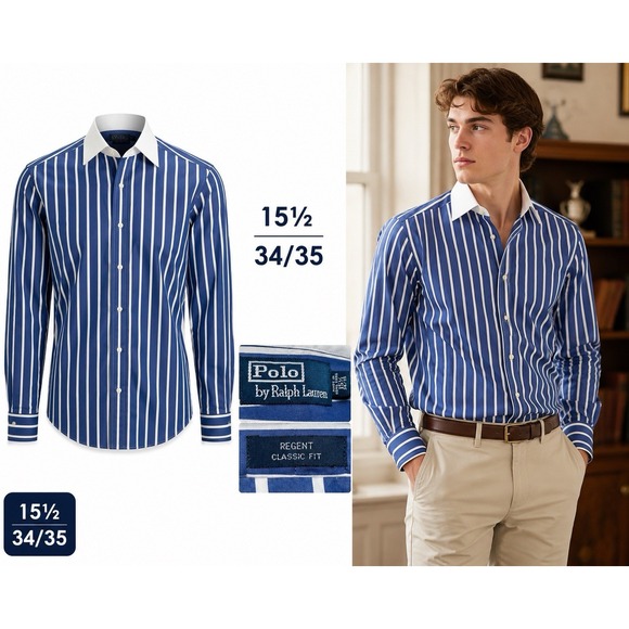 Polo Ralph Lauren Other - Polo Ralph Lauren Button Up Shirt Mens 15.5 Indigo Stripe White Collar 30s Style